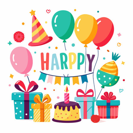 Colorful birthday celebration with cake, balloons, gifts, and confetti.のイラスト素材