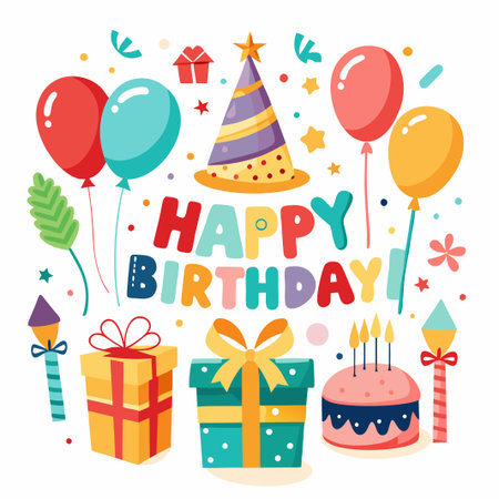 Colorful Happy Birthday Illustration with Balloons, Cake, and Presents.のイラスト素材