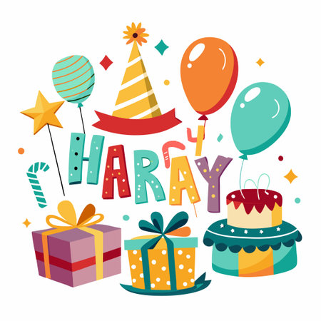 Colorful birthday party celebration with balloons, gifts, and a cake.のイラスト素材