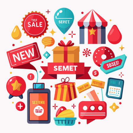 Colorful icons with new, sale, gift, and calendar designs.のイラスト素材