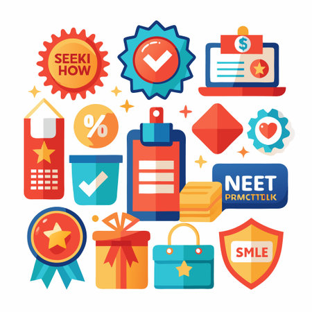 Colorful flat icons with shopping, checkmark, and hearts.のイラスト素材