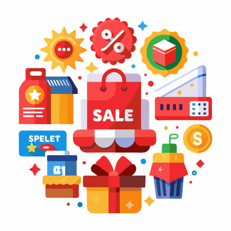 Colorful shopping sale icons with red shopping bag and discount tag, stars, gifts, and a price tag, all arranged in a circle on a white background.のイラスト素材