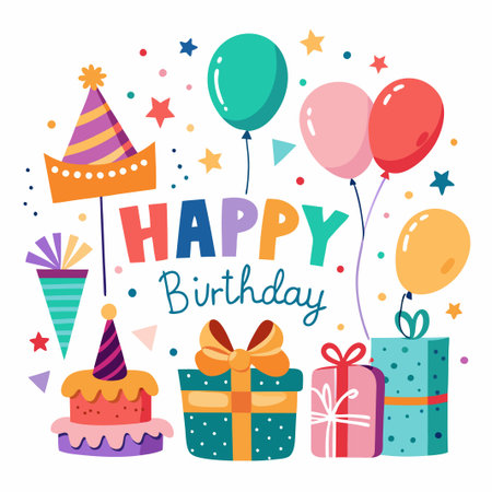 Colorful birthday party illustration with cake, presents, balloons, and hats.のイラスト素材