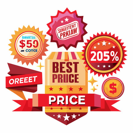 Best Price tag with red and gold stars and price tag with discount.のイラスト素材