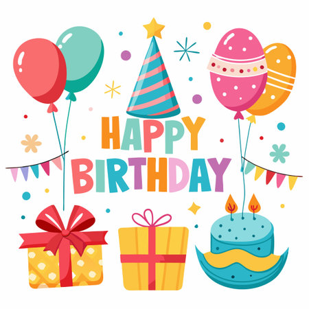 Colorful Happy Birthday Illustration With Balloons, Cake, Gifts, and Party Hat.のイラスト素材