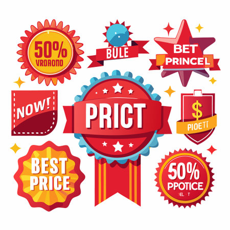 Set of colorful cartoon badges with sale and discount offer elements, perfect for commercial use.のイラスト素材