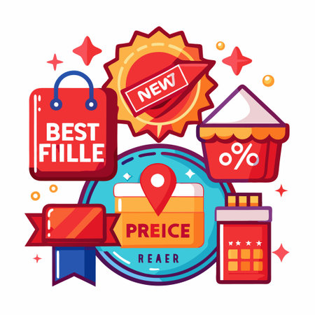 Colorful shopping icons with a red shopping bag, a tent with a percentage sign, and a calendar with stars.のイラスト素材