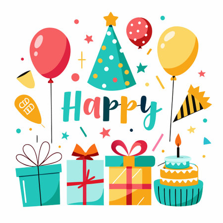 Colorful Birthday Party Illustration with Balloons, Cake, Gifts, and Party Hat.のイラスト素材