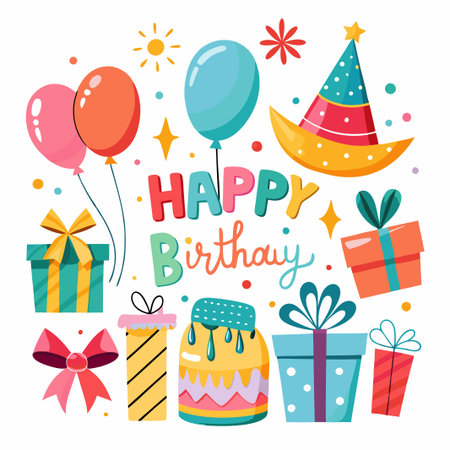 Happy Birthday with presents, cake, balloons, and confetti.のイラスト素材