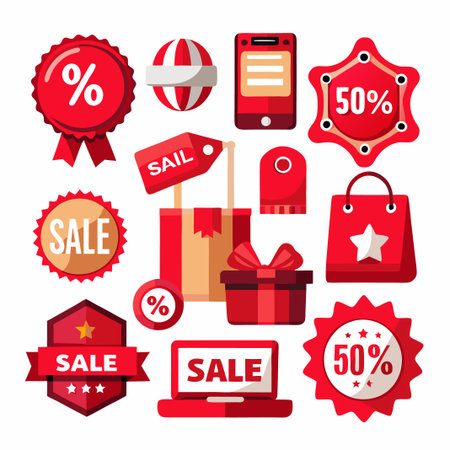 Set of red discount sale label badges icons.のイラスト素材