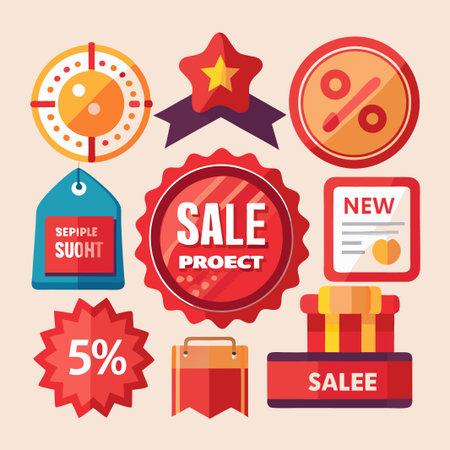 Red and yellow sale icons with a red and white 5% discount sign.のイラスト素材