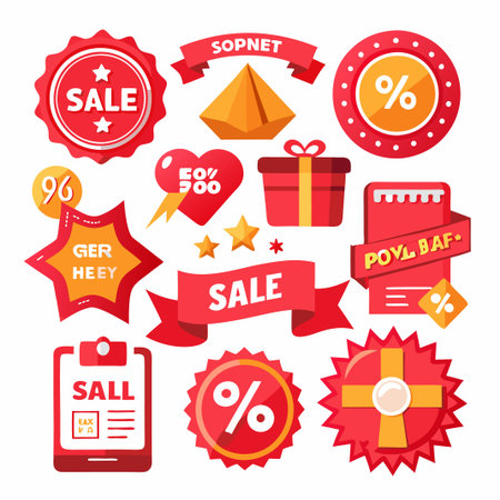 Set of red sale stickers with percentages, stars, and ribbons.のイラスト素材