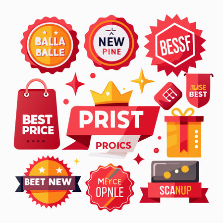 Set of flat colorful promo badges and labels with ribbons and stars.のイラスト素材