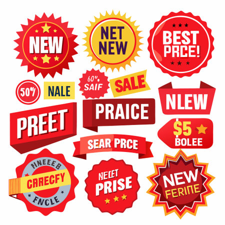 Collection of red and yellow sale stickers with different promotions like new, sale, best price,  discount,  and price.のイラスト素材