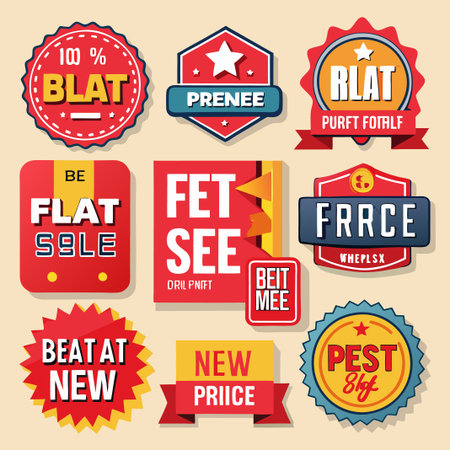 Collection of colorful badges with various text and symbols in a retro style.のイラスト素材