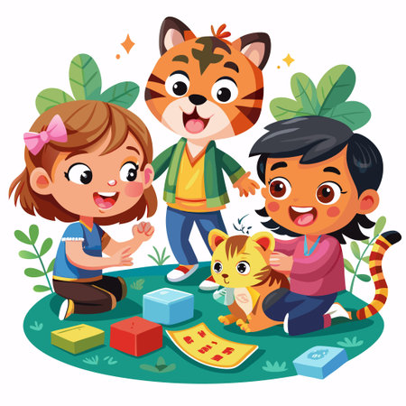 Three children and a tiger cub playing together on the grass with building blocks.のイラスト素材