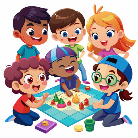 Cheerful group of kids playing board game together.のイラスト素材