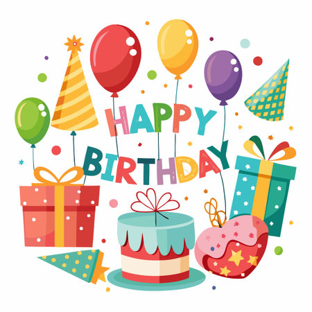 Happy Birthday celebration with balloons, hats, presents and cake.のイラスト素材