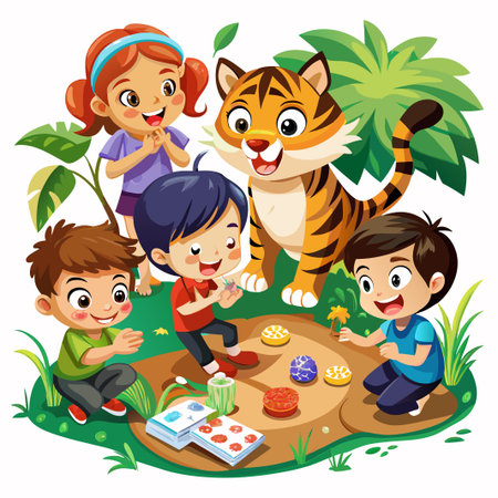 Four children playing with a tiger in a green jungle.のイラスト素材