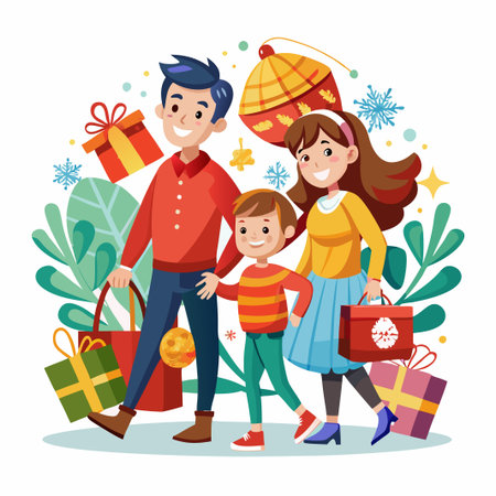 Happy family with shopping bags and gifts walking together.のイラスト素材