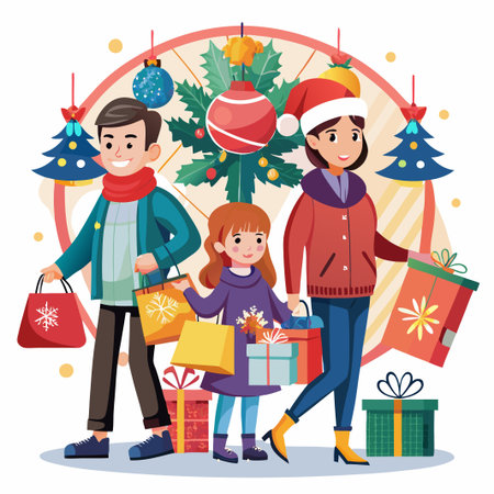 Happy family with shopping bags and presents.のイラスト素材