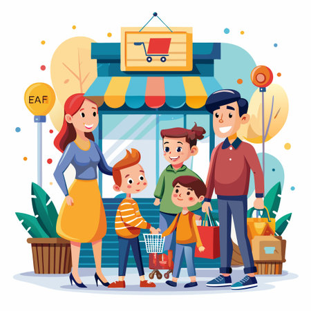 Family of five shopping for groceries in front of a store.のイラスト素材