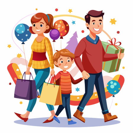 Happy family walking with shopping bags and gifts.のイラスト素材