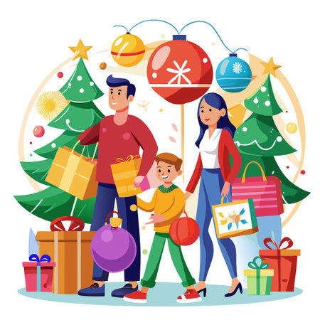 Happy family celebrating Christmas with gifts, decorated Christmas tree, and ornaments.のイラスト素材