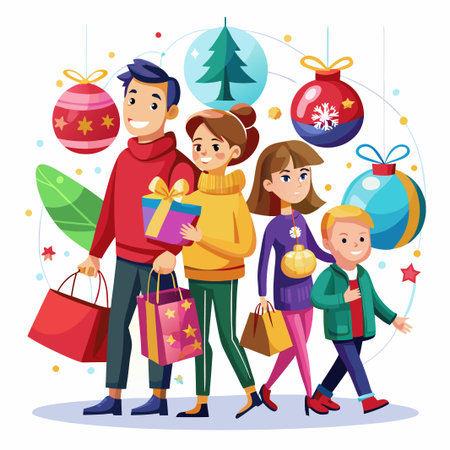 Happy family with shopping bags after Christmas shopping.のイラスト素材