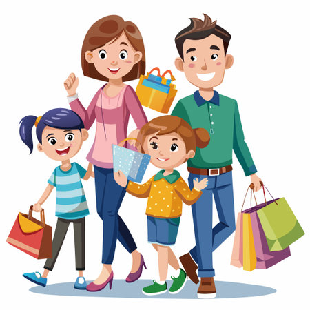 Happy family with shopping bags after shopping.のイラスト素材