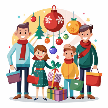 Happy family with Christmas shopping bags and gifts.のイラスト素材