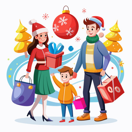 Happy family shopping for Christmas gifts and holding shopping bags with presents and discount.のイラスト素材