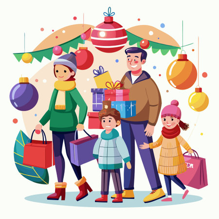 Family shopping for Christmas gifts together.のイラスト素材