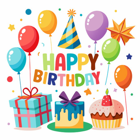 Colorful Happy Birthday celebration with balloons, gifts, cake, and confetti.のイラスト素材