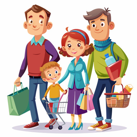 Happy family with shopping bags and a shopping cart.のイラスト素材