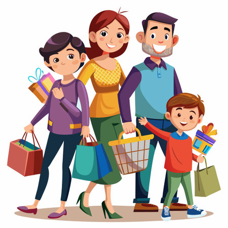 Happy family with shopping bags and gifts.のイラスト素材