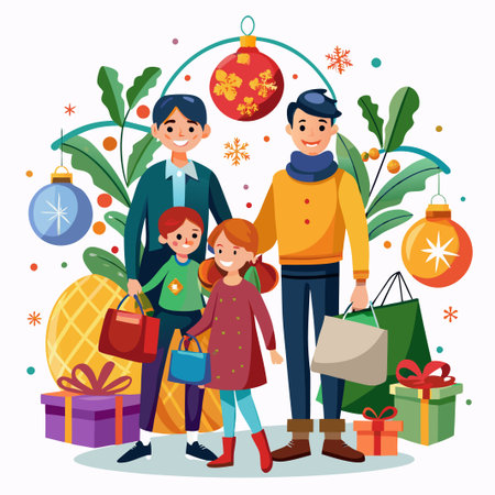 Happy family shopping for Christmas gifts.のイラスト素材