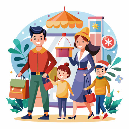 Happy family with shopping bags and gifts, smiling at each other in front of a store.のイラスト素材