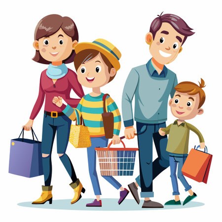 Happy family shopping together with bags and basket.のイラスト素材