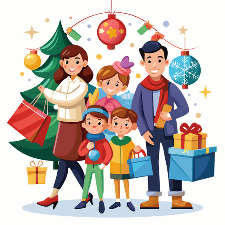 Happy family with Christmas gifts standing near the Christmas tree.のイラスト素材