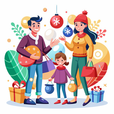 Happy family shopping for Christmas.のイラスト素材