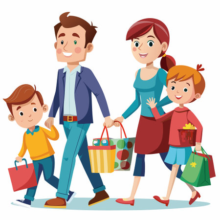 Happy family with shopping bags walking.のイラスト素材