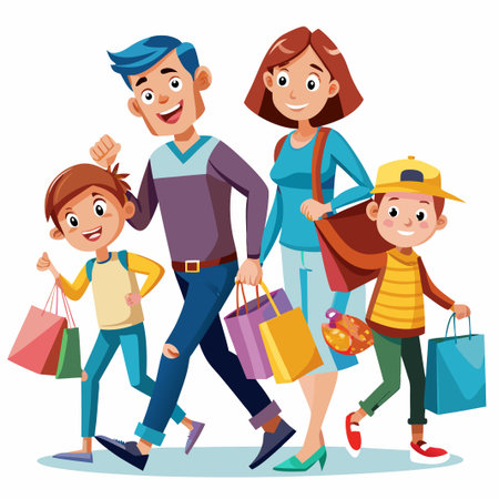 A happy family of four walking together, carrying shopping bags.のイラスト素材