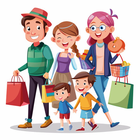 Happy family of four with shopping bags and basket going for a grocery shopping trip.のイラスト素材