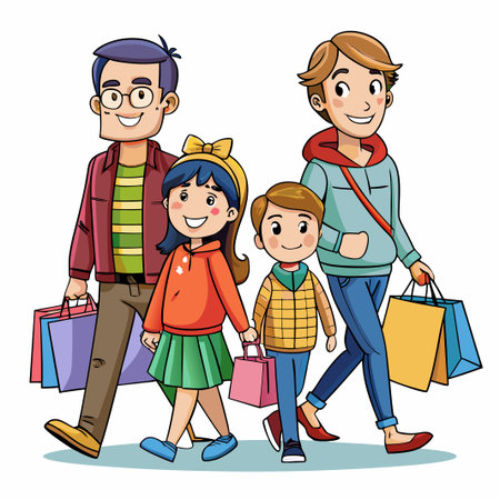Happy family with shopping bags walking together.のイラスト素材
