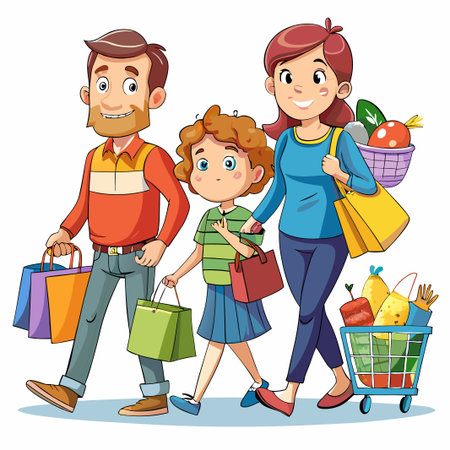Happy family walking with shopping bags.のイラスト素材