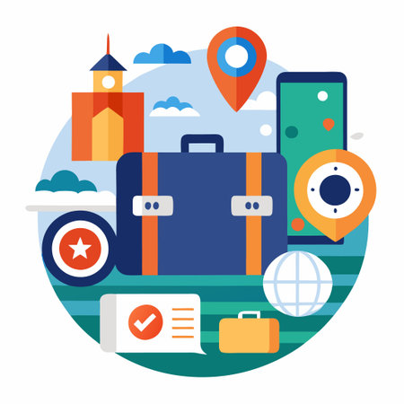 Suitcase, globe, location pin, check mark, and briefcase in a colorful, flat design illustration.のイラスト素材