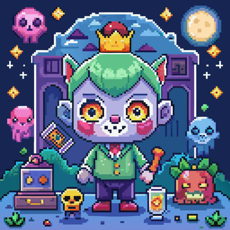 Pixel art character with crown, wearing green jacket, standing in front of building at night.のイラスト素材