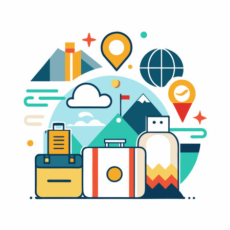 Travel Illustration with Luggage, Mountains, and Globe.のイラスト素材