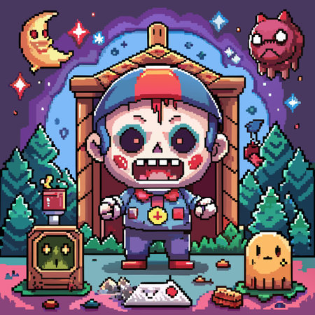Pixelated monster character with glowing eyes and a wide open mouth in a spooky nighttime setting.のイラスト素材